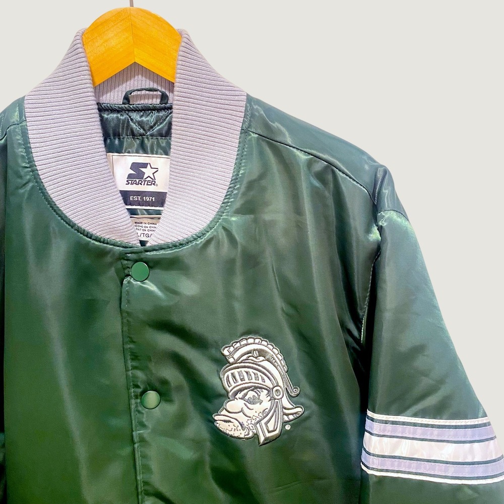 Starter Michigan State Spartans Satin Varsity Jacket Green Grey Mens XL Sparty